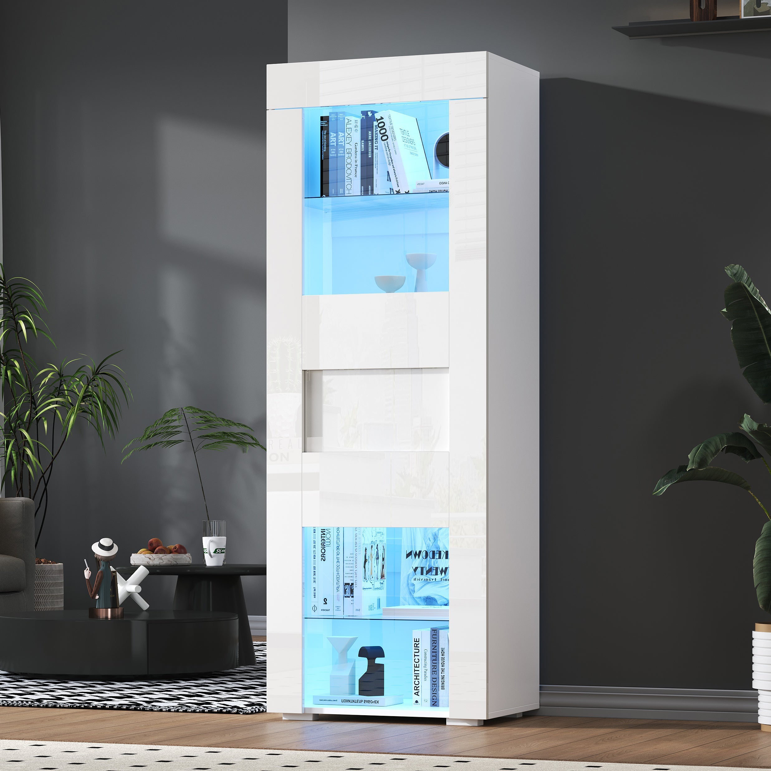 Cabinet High-Gloss Display Storage with LED Lighting, 2 Glass Shelves, White