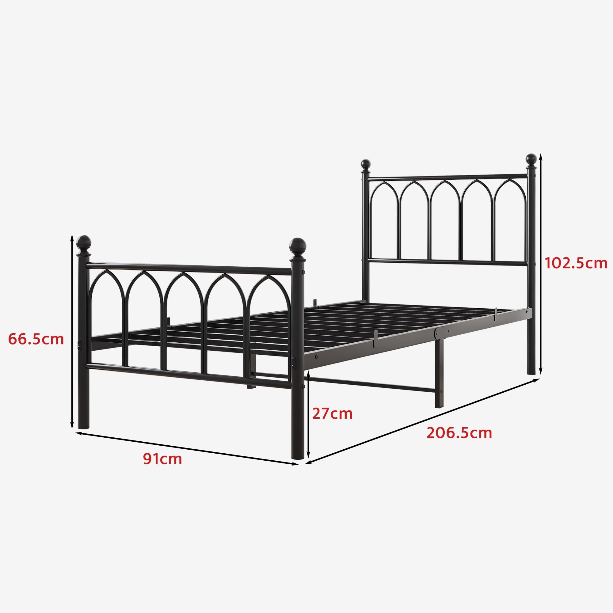 Metal Bed Frame 90x200cm Vintage Headboard Footboard Under-bed Storage - Black