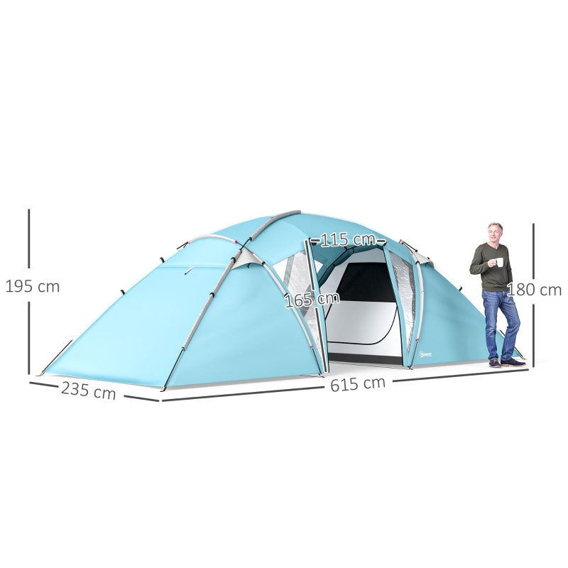 4-6 Man Family Camping Tent with 2 Bedrooms Living Room Waterproof Tunnel, Blue