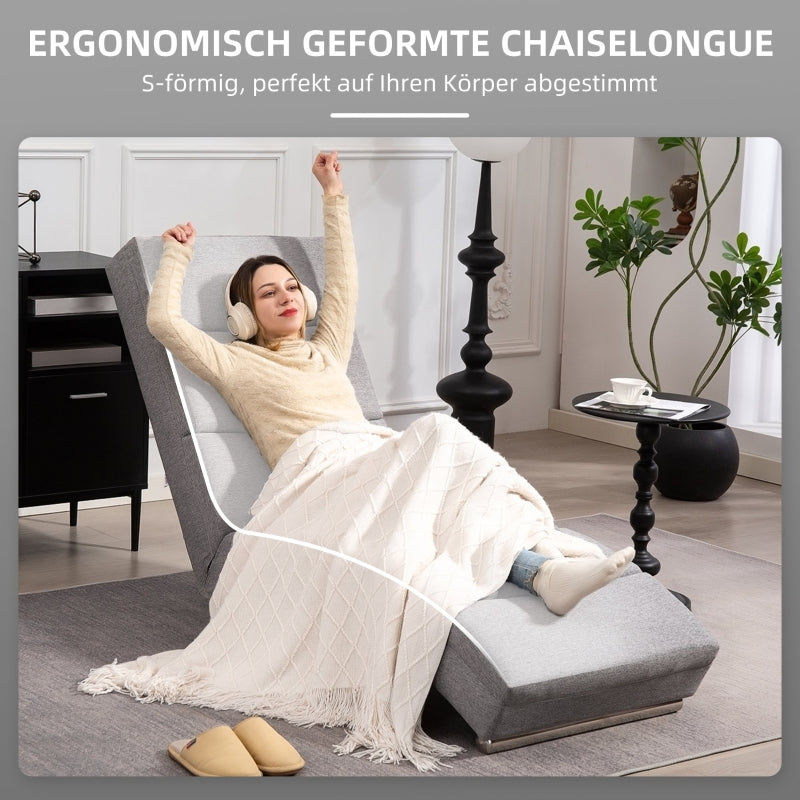 Entspannender Loungesessel, gepolsterte Chaiselongue, Stahlbeine, Hellgrau