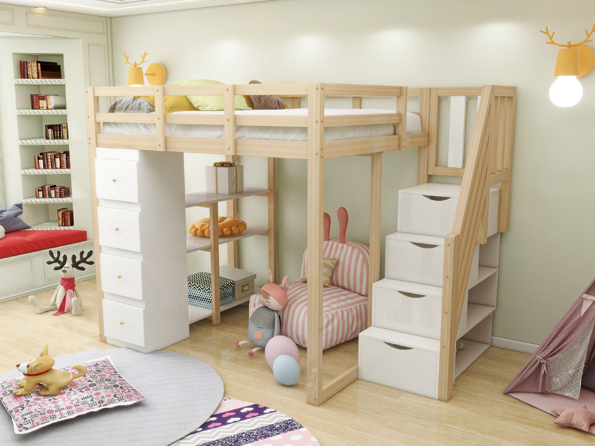 Loft Bed with 4 Drawers and Storage Stairs, 140x200 cm, White and Natural Wood