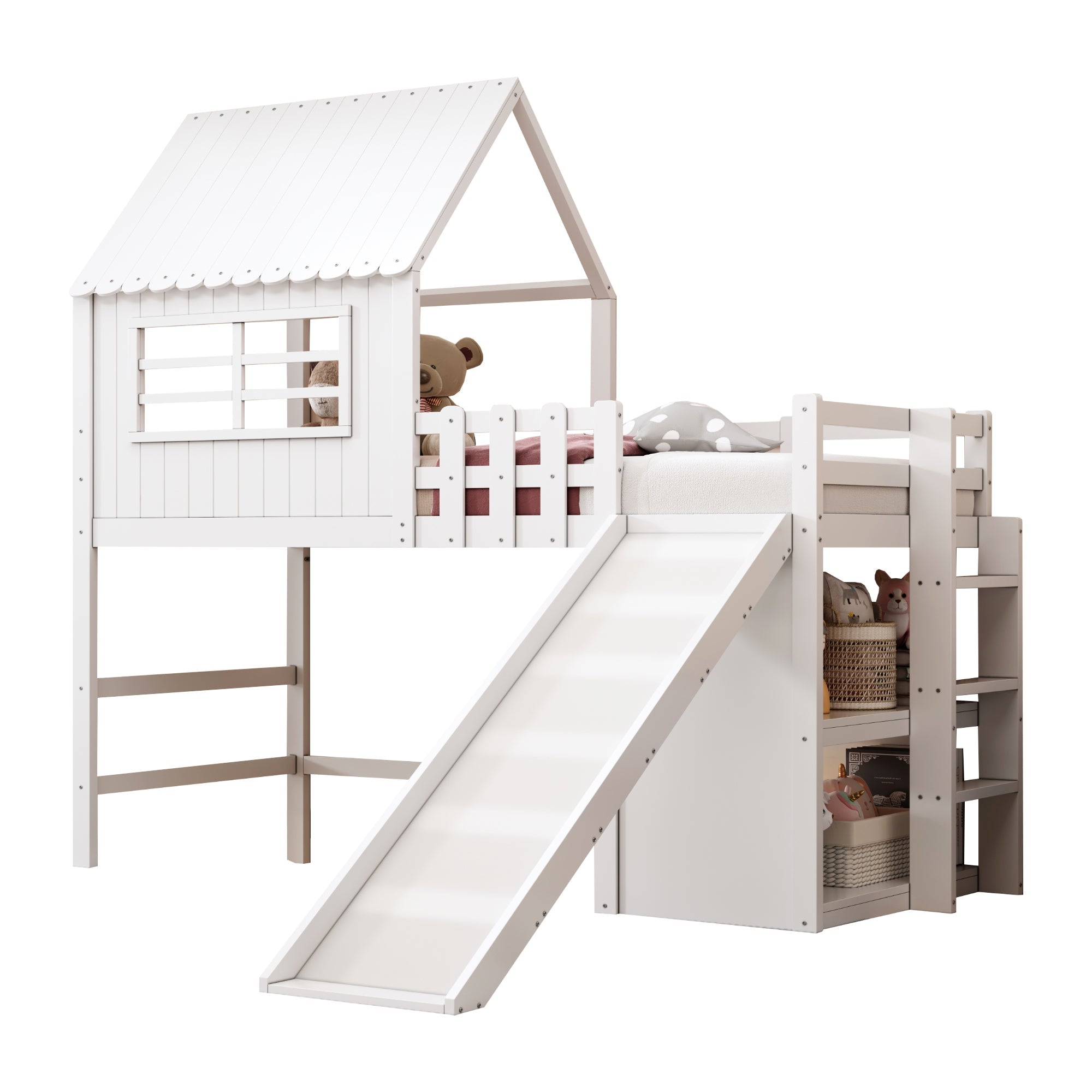 Children's Bed 90x200cm, Attic Design with Ladder, Slide & Storage, Solid Wood, White