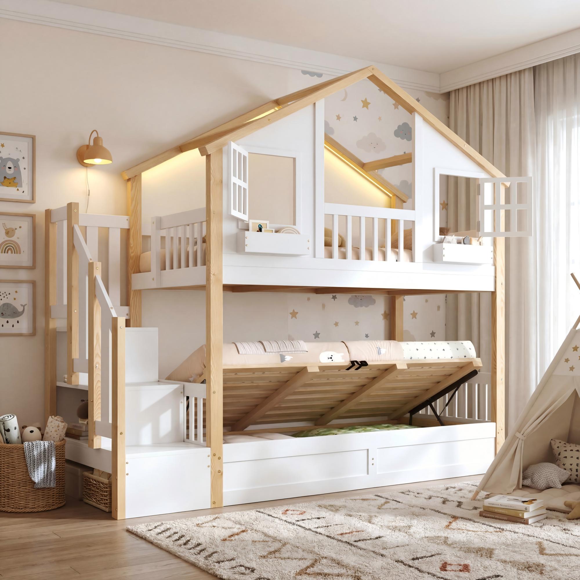 Bunk Bed with Hydraulic Lower Bed, LED Lighting and Storage Stairs, 90x200cm, White and Natural Solid Wood