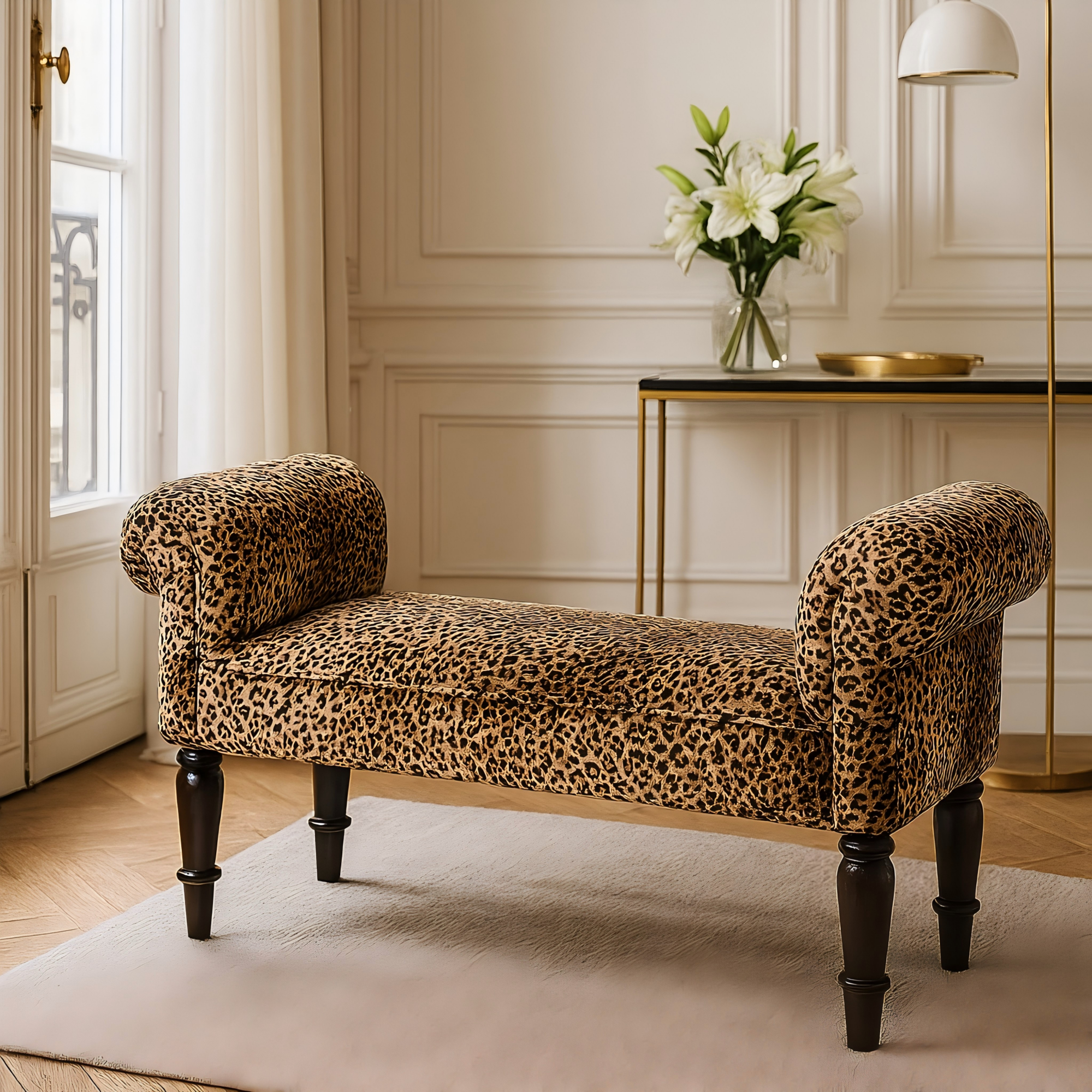 Solid Wood Bench, Leopard Print Upholstered Velvet, Brown