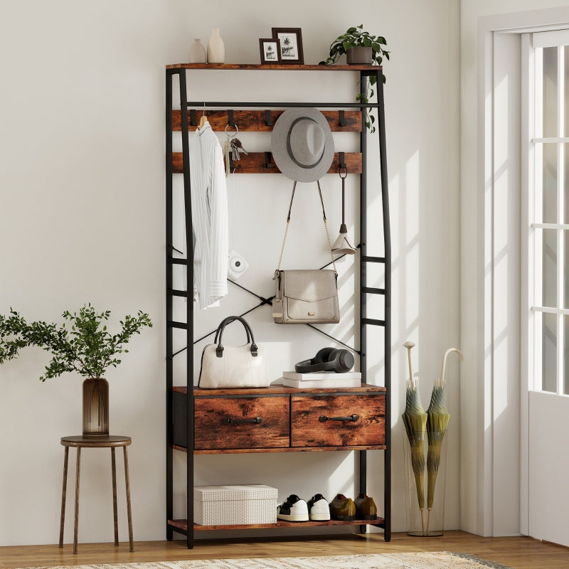 Hall Tree with Bench, Shoe Rack & 2 Drawers - Brown