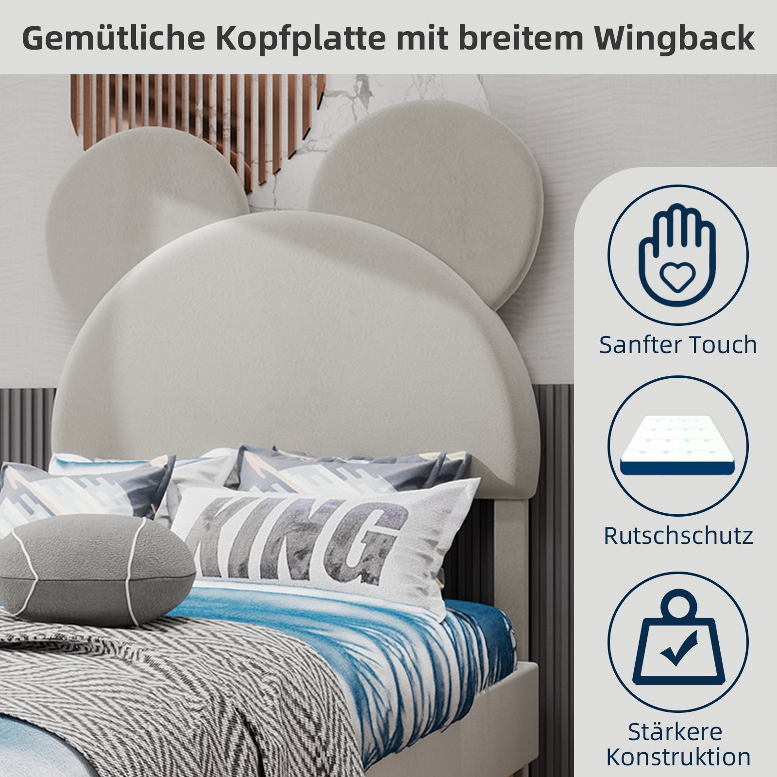 Upholstered Bed, Modern Minimalist Cartoon-Themed Headboard, 90x200 cm, Beige