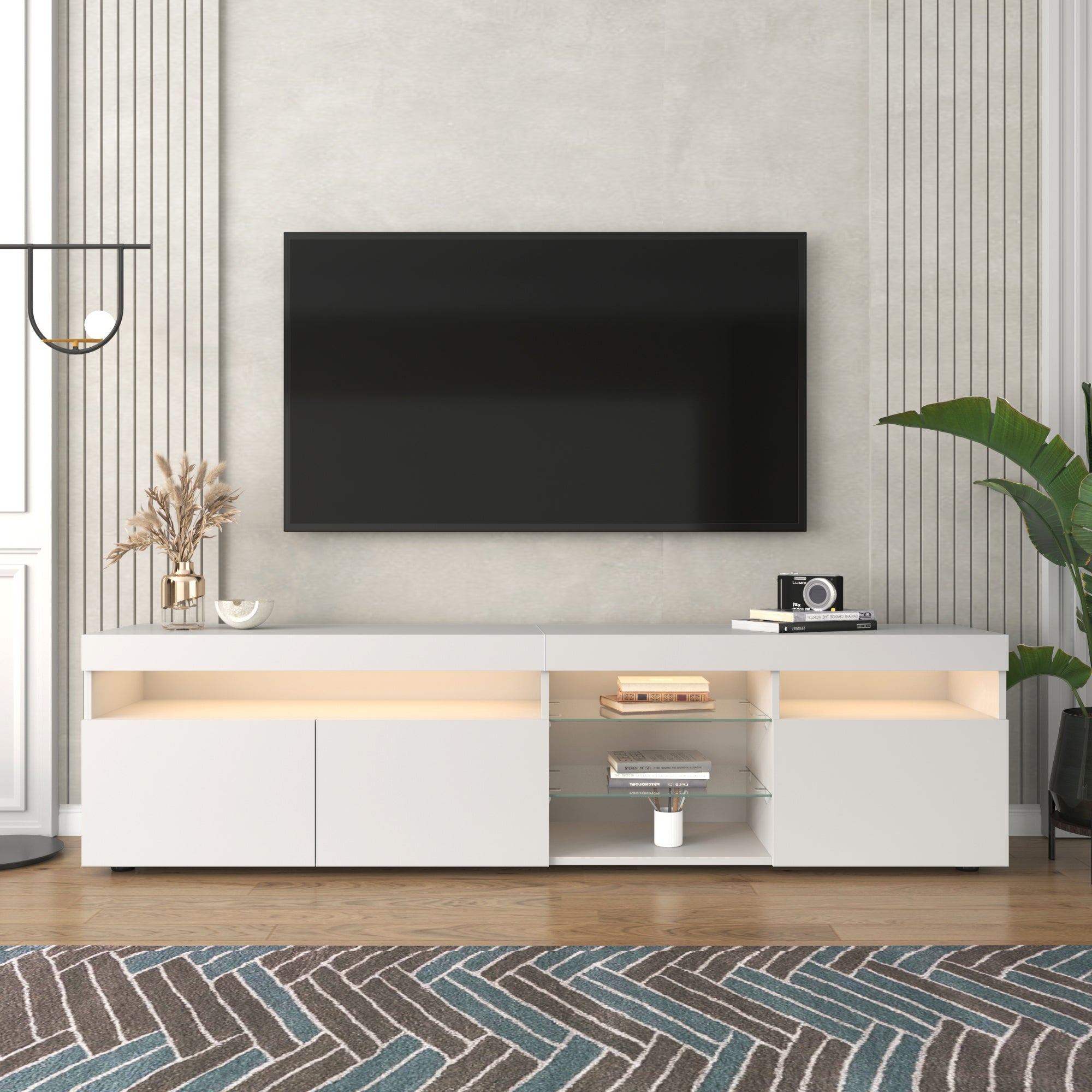 TV Cabinet, Modern with Bright Panel, Variable LED Lighting, 180cm, White
