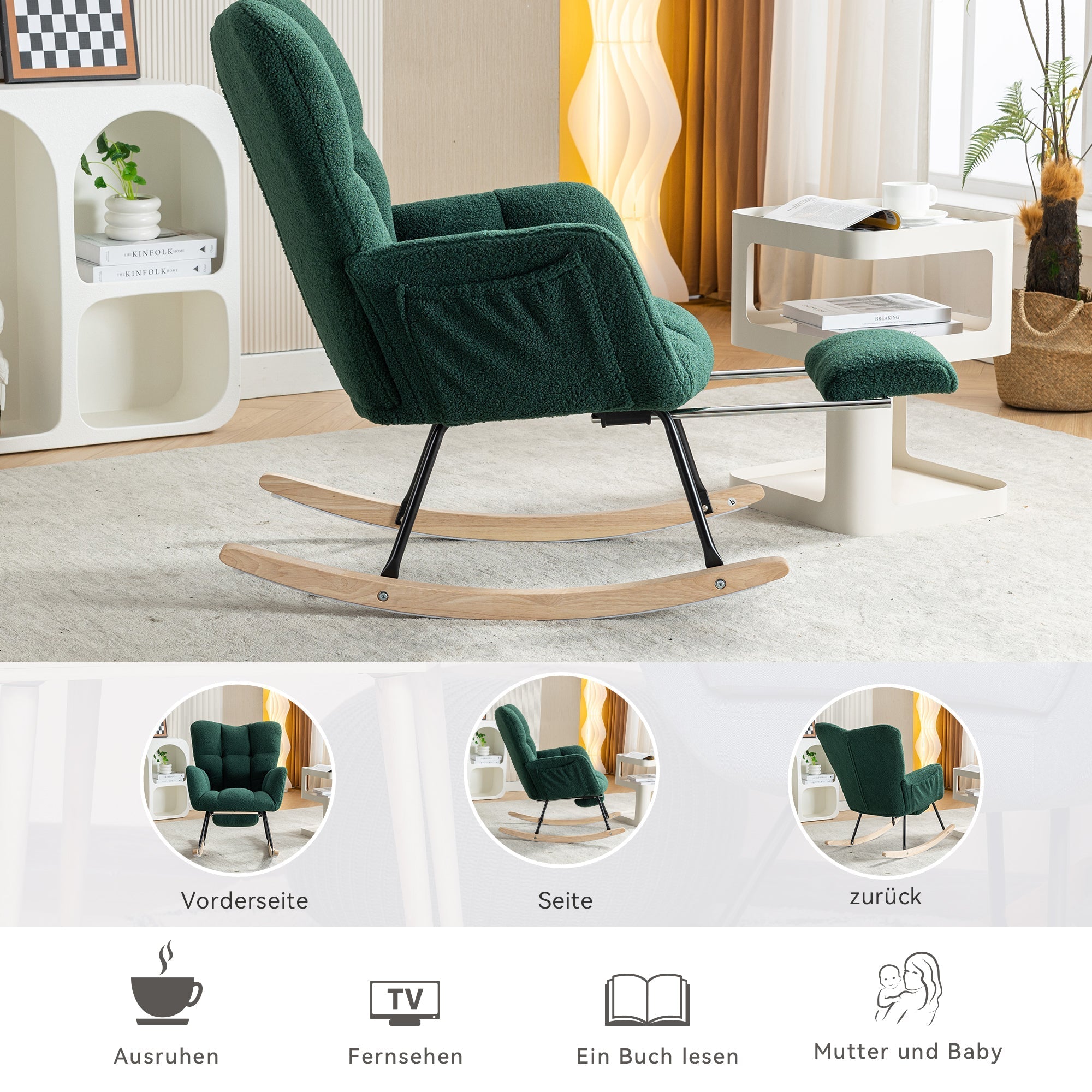 009B Rocking Chair, Modern Upholstered, Extendable Footrest, Green Teddy Fabric