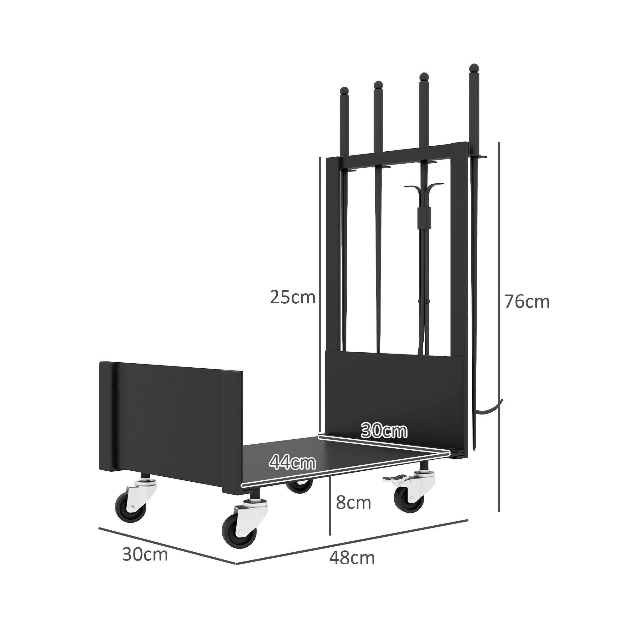 Firewood Rack with Tools, Wheels, Side Hooks, Black Metal