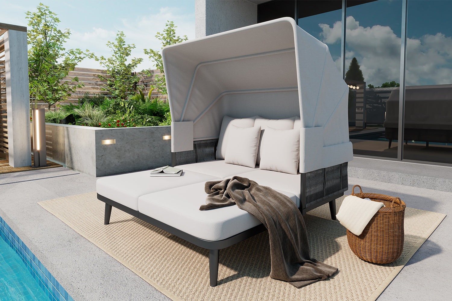 2-Person Garden Sun Lounger with Retractable Awning and Handwoven Rope, Grey