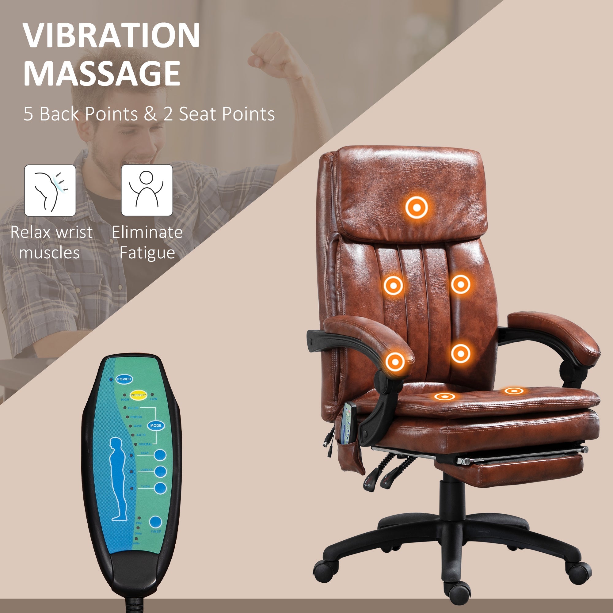 PU Leather Office Chair 7 Point Vibrating Massage Footrest Adjustable Reclining Back Brown
