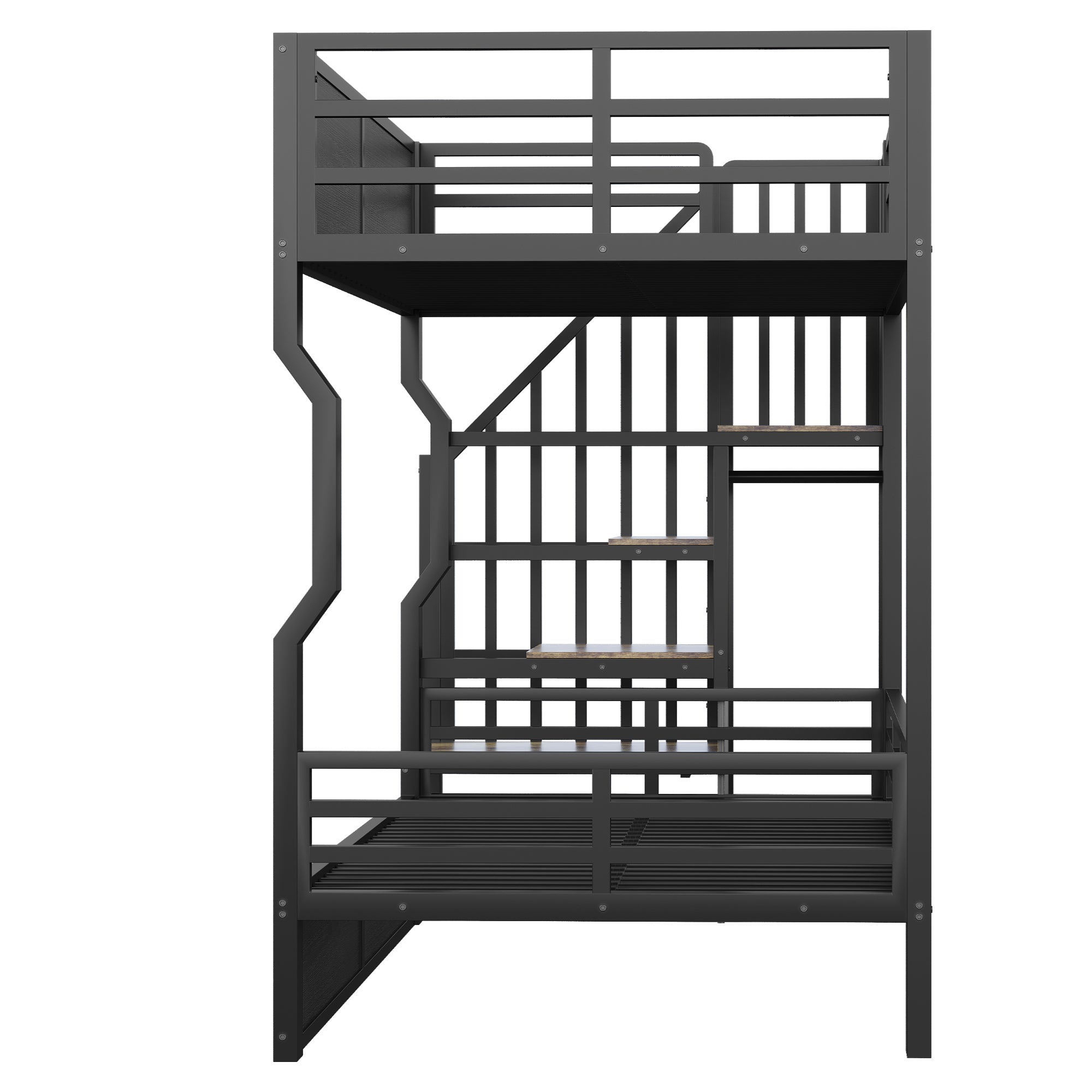 Loft Bed with Storage Stairs, LED Lighting and High Railing, 90x200cm, Black Iron