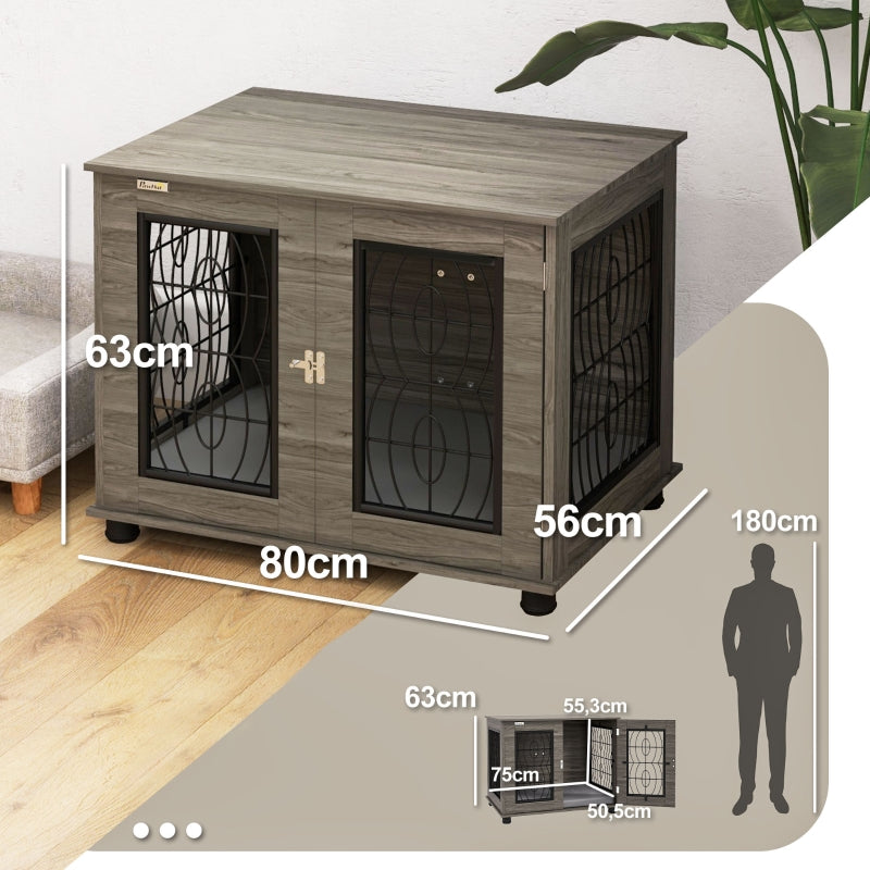 Dog Crate with Cushion, 20 kg/50 cm, Metal, Grey/Wood Decor