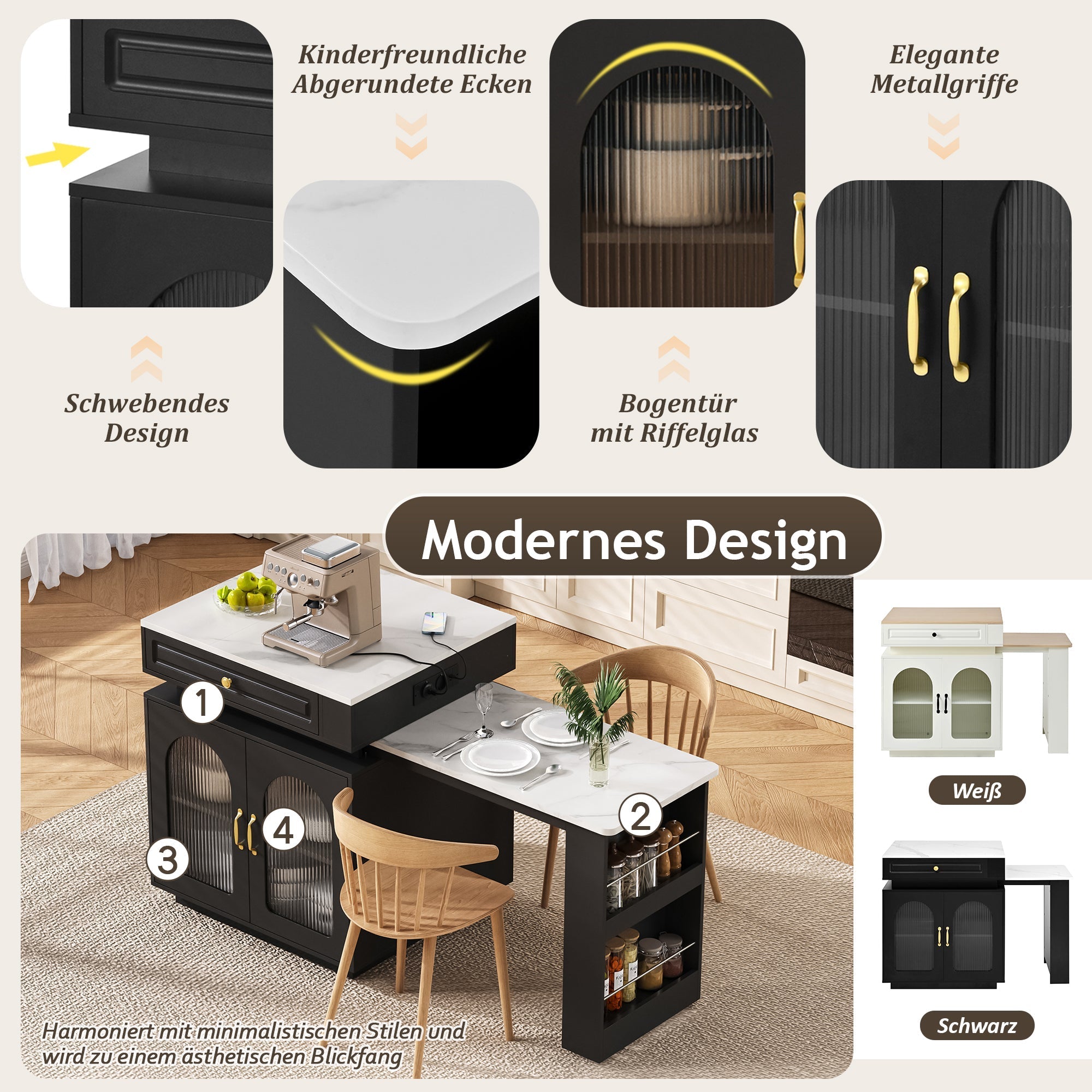 Kitchen Island Extendable Dining Table with Wheels LED Power Strips Black