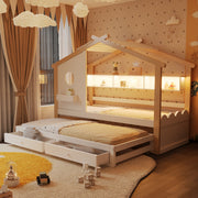 House-Shaped Children's Bed with Pull-out Bed, Drawers, USB, LED and Shelves, 90x200cm, White and Raw Wood
