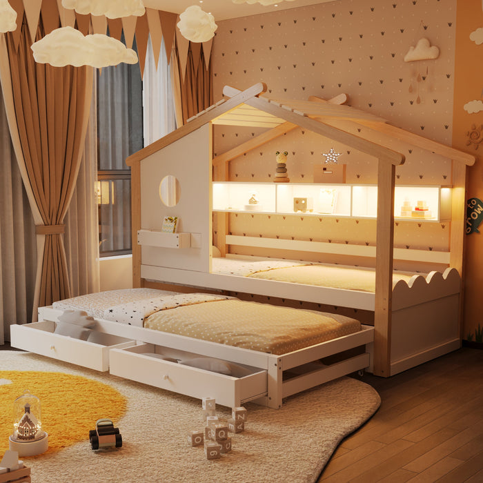 House-Shaped Children's Bed with Pull-out Bed, Drawers, USB, LED and Shelves, 90x200cm, White and Raw Wood