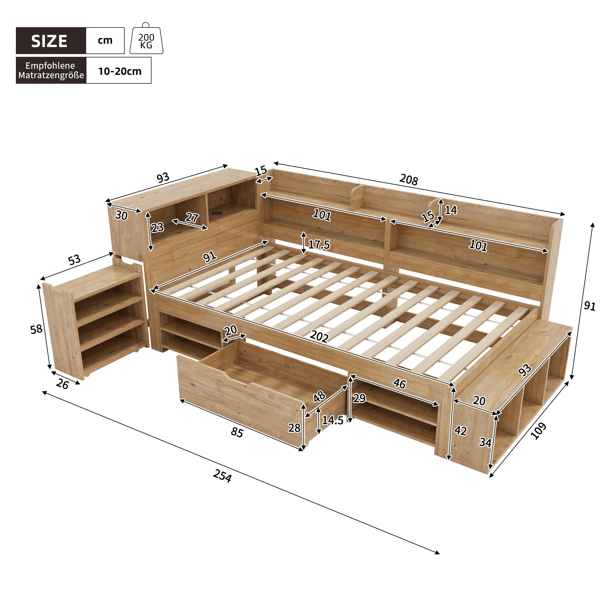 Multifunctional Children's Storage Bed with Nightstands, Shelves and Wireless Charging, Natural