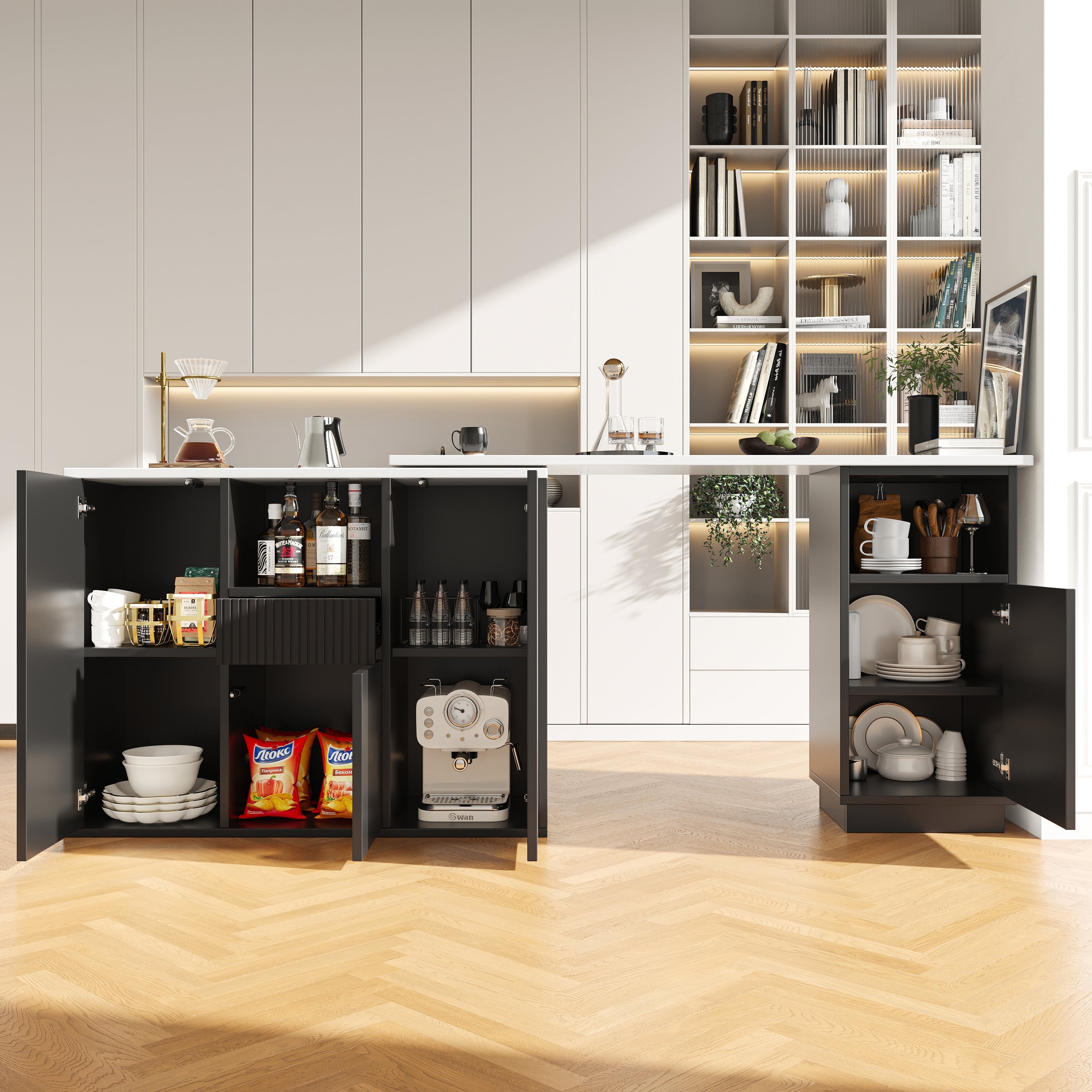 360° Swivelling Bar Table, Modern Design with Open Storage and Marble Worktop, Black