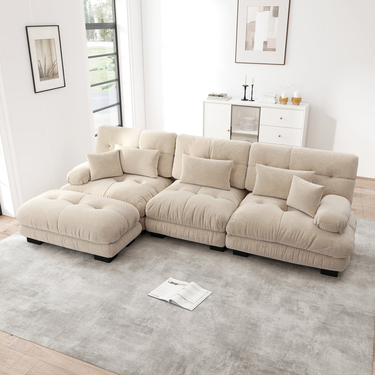 Luxurious Modular Corner Sofa L-Shaped Deep Sleeper Ottoman, Corduroy Chenille Light Brown