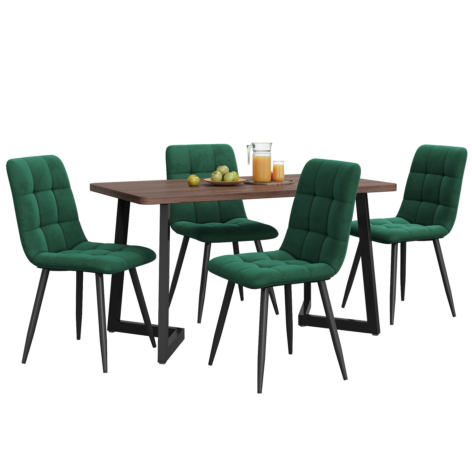 5-Piece Dining Set, Modern Kitchen Table & 4 Chairs, Walnut MDF & Dark Green Velvet
