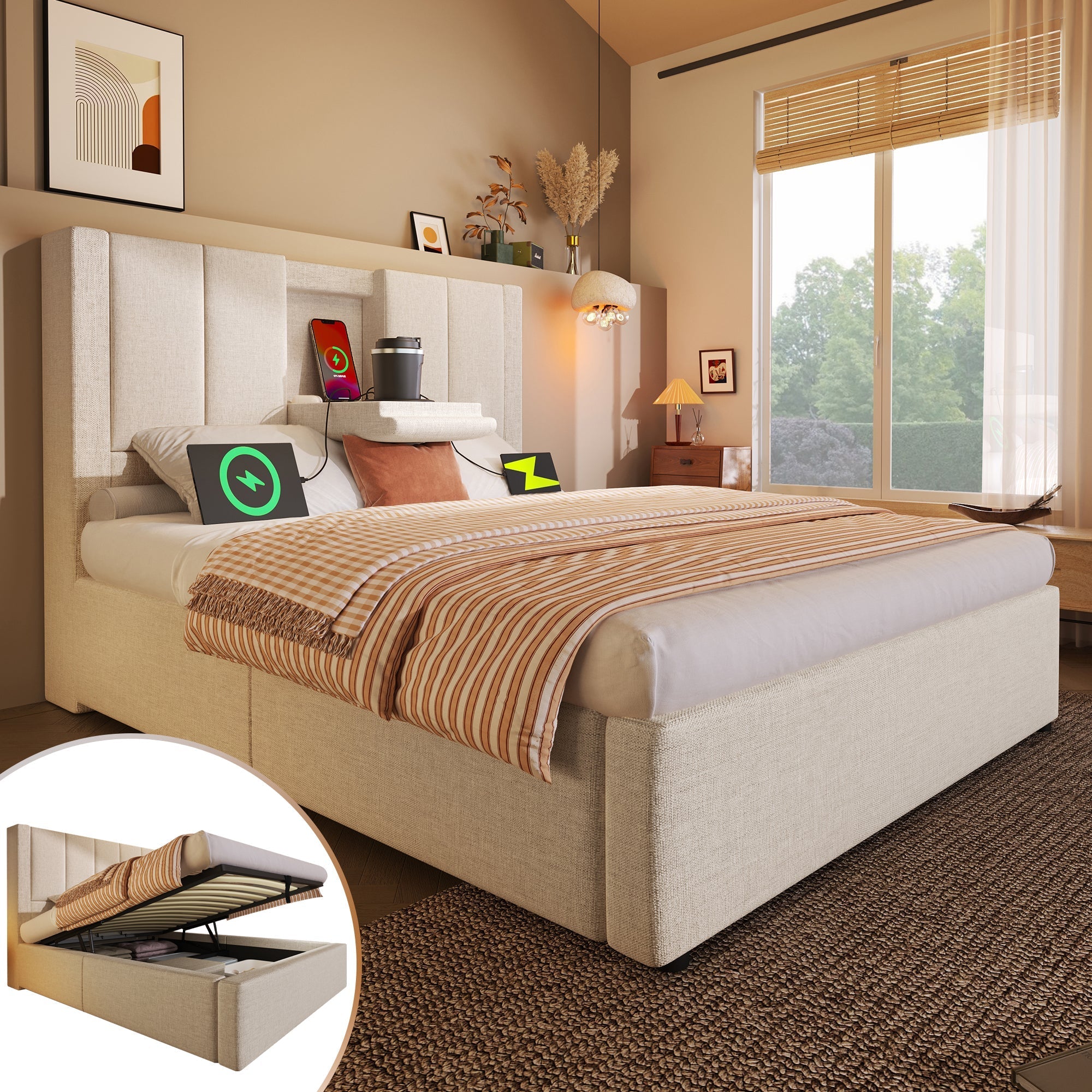 Upholstered Single Bed 90x200cm Hydraulic Storage Cup Holder Charging - Linen Beige