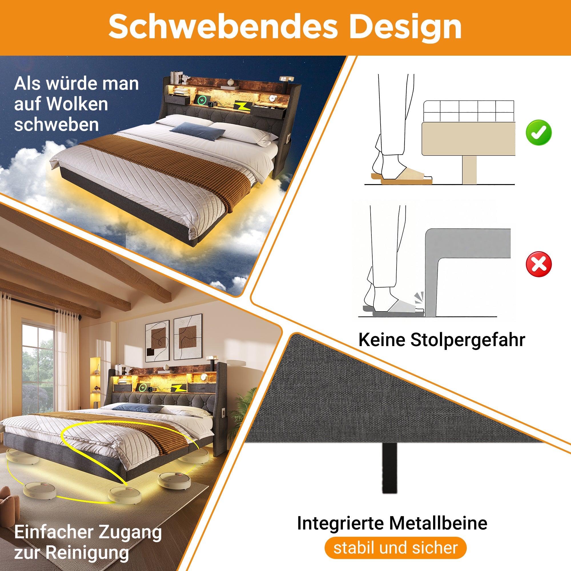 Upholstered Bed 160x200cm Floating LED Charging Station Storage Headboard, Linen Grey