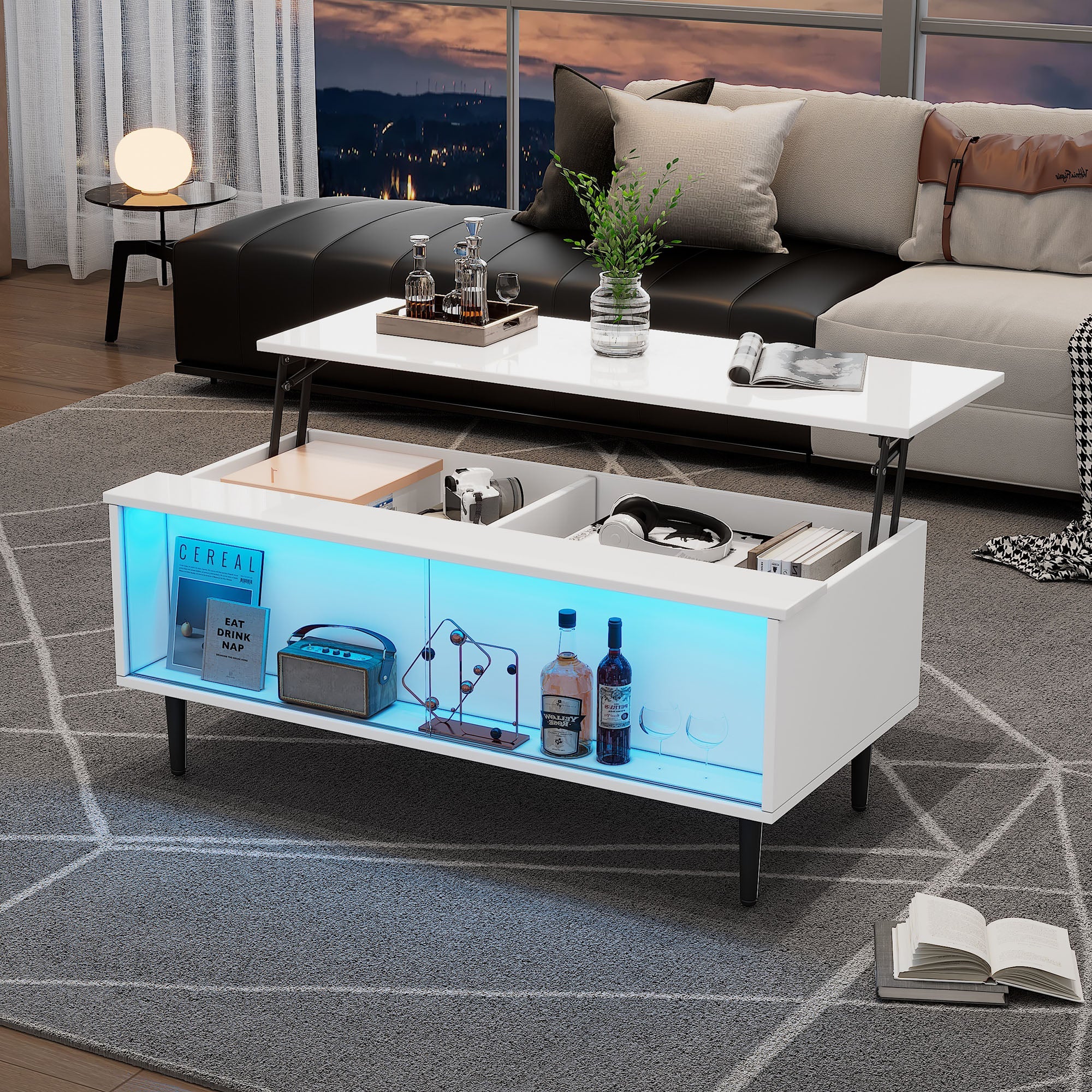 Coffee Table, Height-Adjustable with Hidden Storage & LED Light, White Tempered Glass