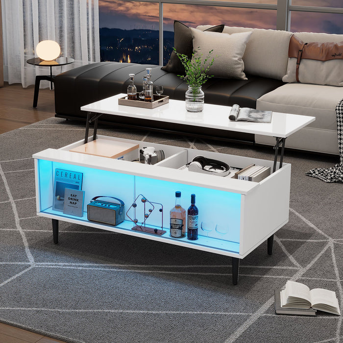 Coffee Table, Height-Adjustable with Hidden Storage & LED Light, White Tempered Glass
