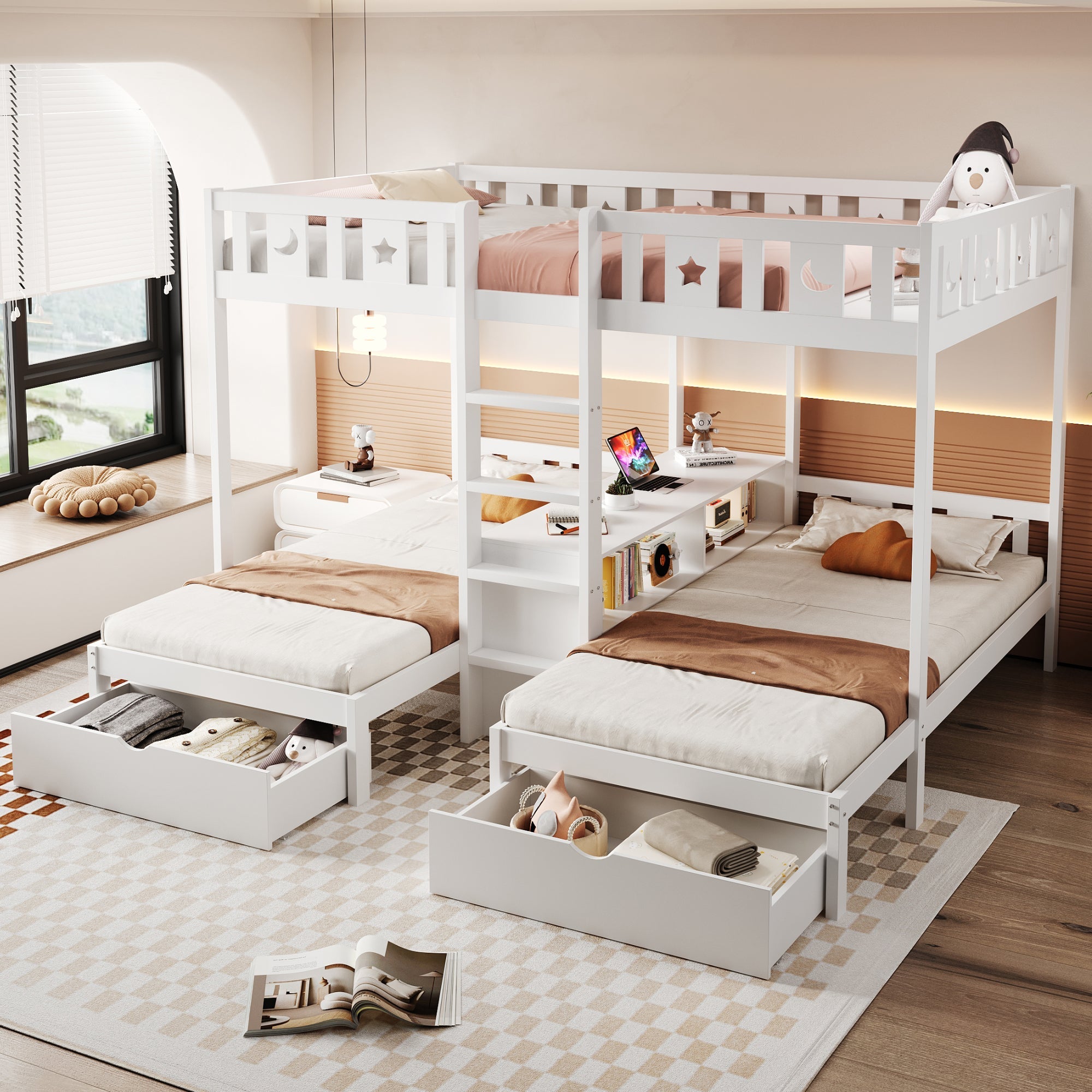 Triple Bunk Bed with Storage Stairs, Drawers and Star Moon Guardrails, 90x200cm & 140x200cm, White Solid Wood