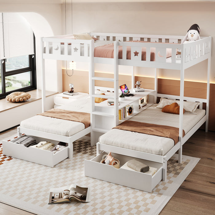 Triple Bunk Bed with Storage Stairs, Drawers and Star Moon Guardrails, 90x200cm & 140x200cm, White Solid Wood