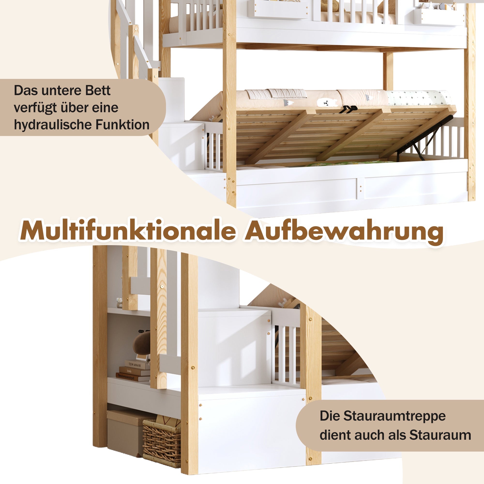 Bunk Bed with Hydraulic Lower Bed, LED Lighting and Storage Stairs, 90x200cm, White and Natural Solid Wood