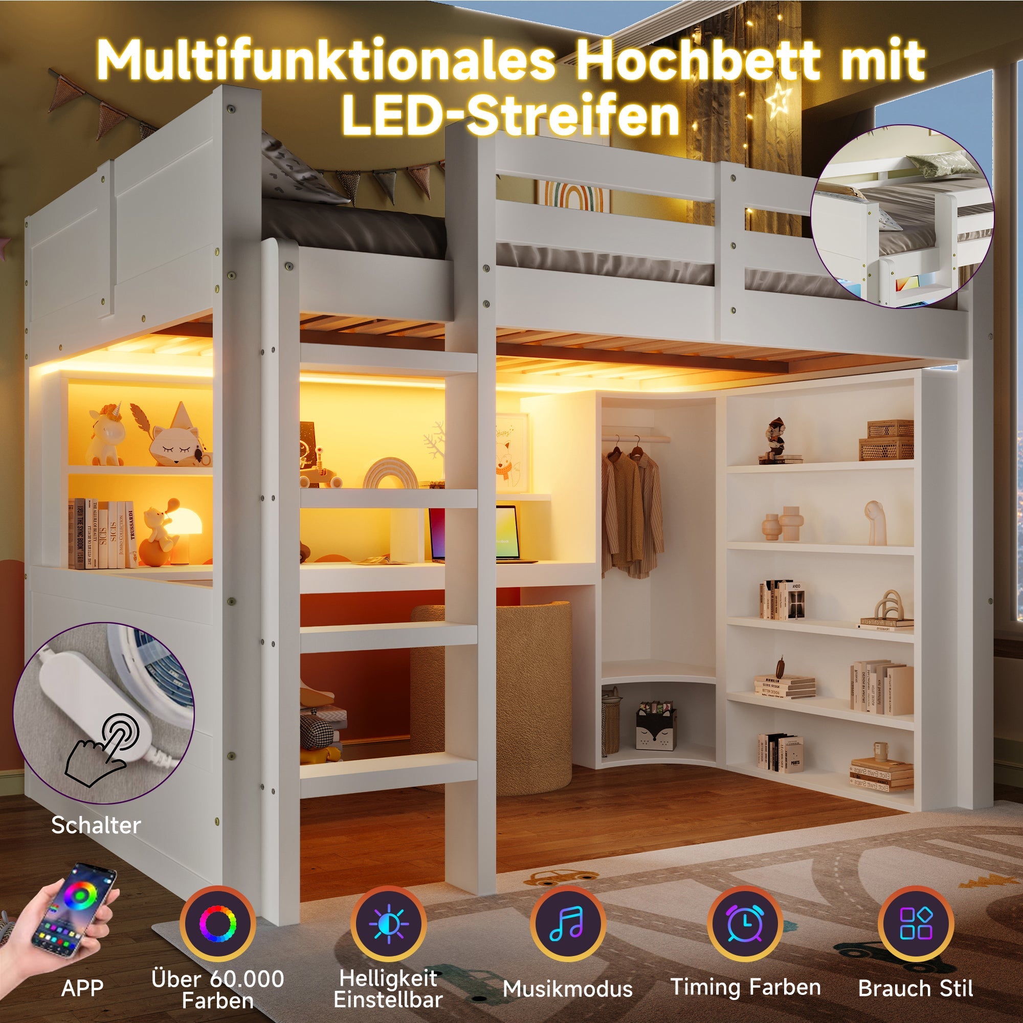 Loft Bed 140x200cm with LED Lights, Wardrobe, Desk, Drawers, Storage, White