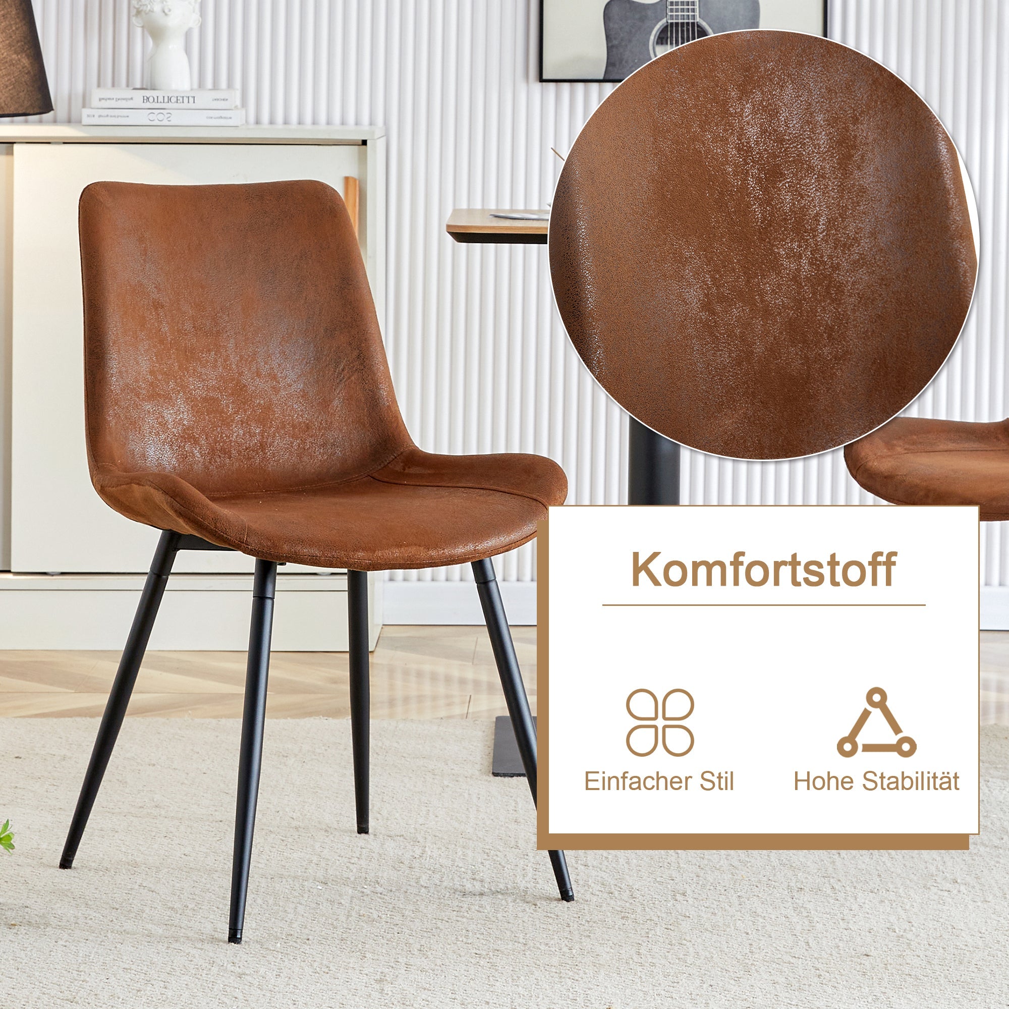 Round Table Set, Modern Minimalist 100cm with Storage, 4 Armchairs, Brown Wood Look/Brown Fabric