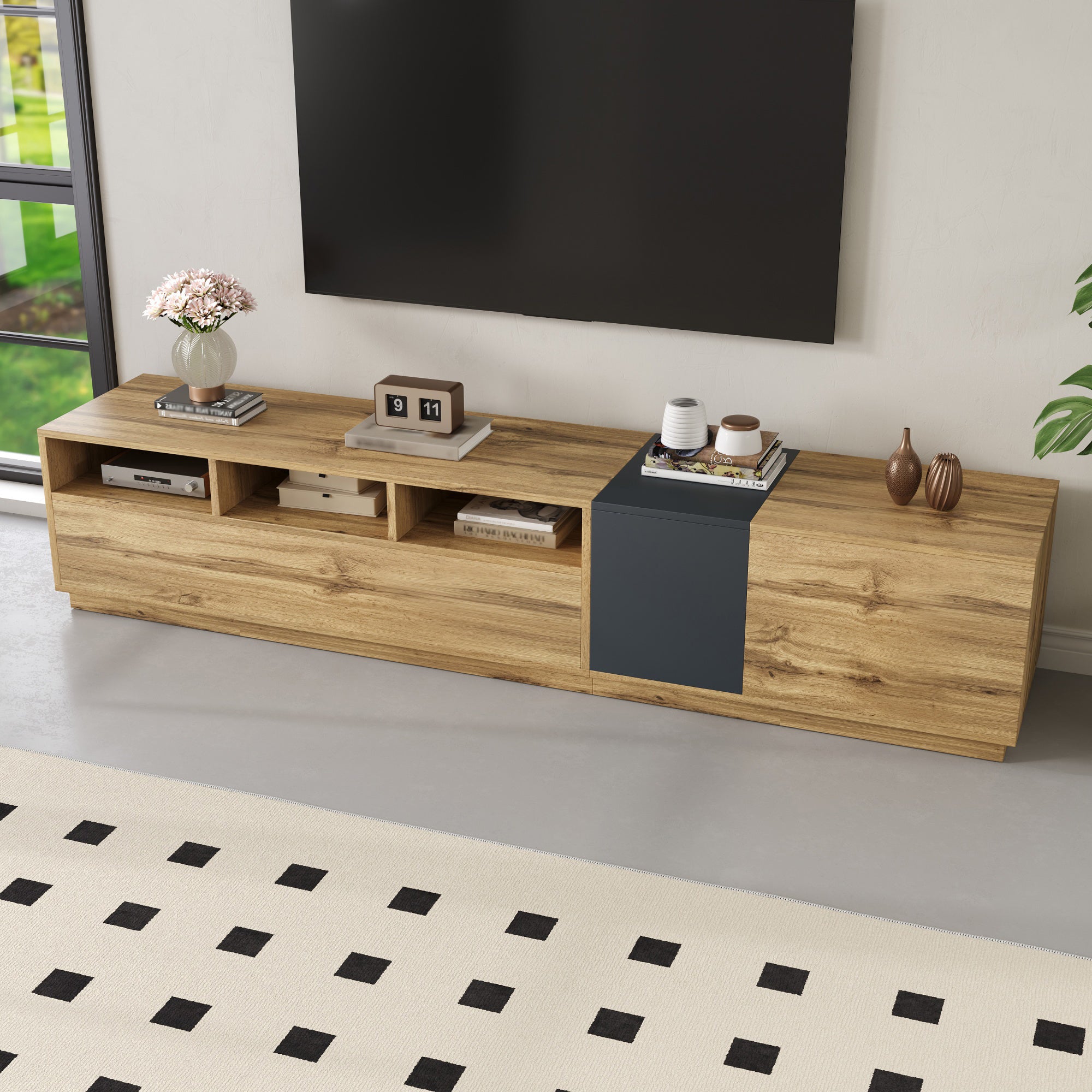 TV Stand, Modern Contrasting, 200cm, Black-Gray and Wood