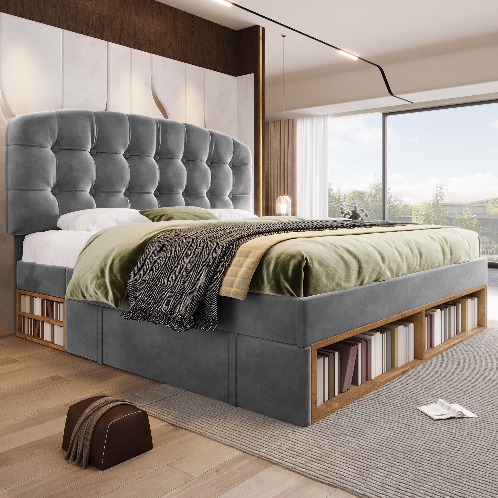 Upholstered Double Bed, 140x200cm with Storage Drawers and Adjustable Headboard, Grey Velvet