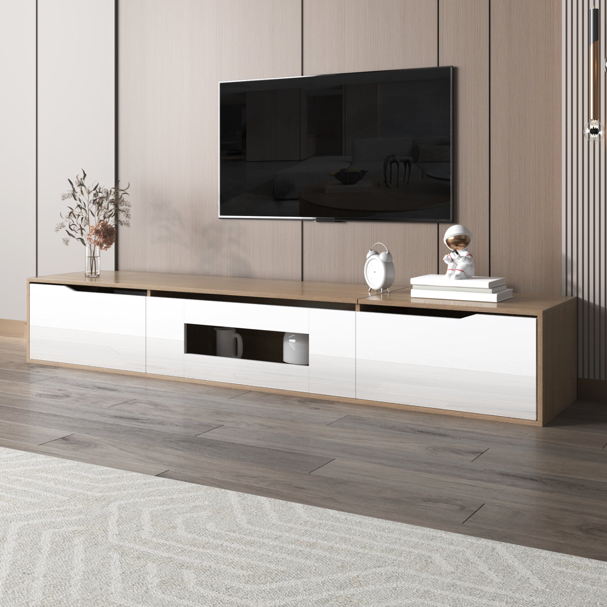 TV Cabinet, High Gloss with Color Changing LED Light, White and Wood Color
