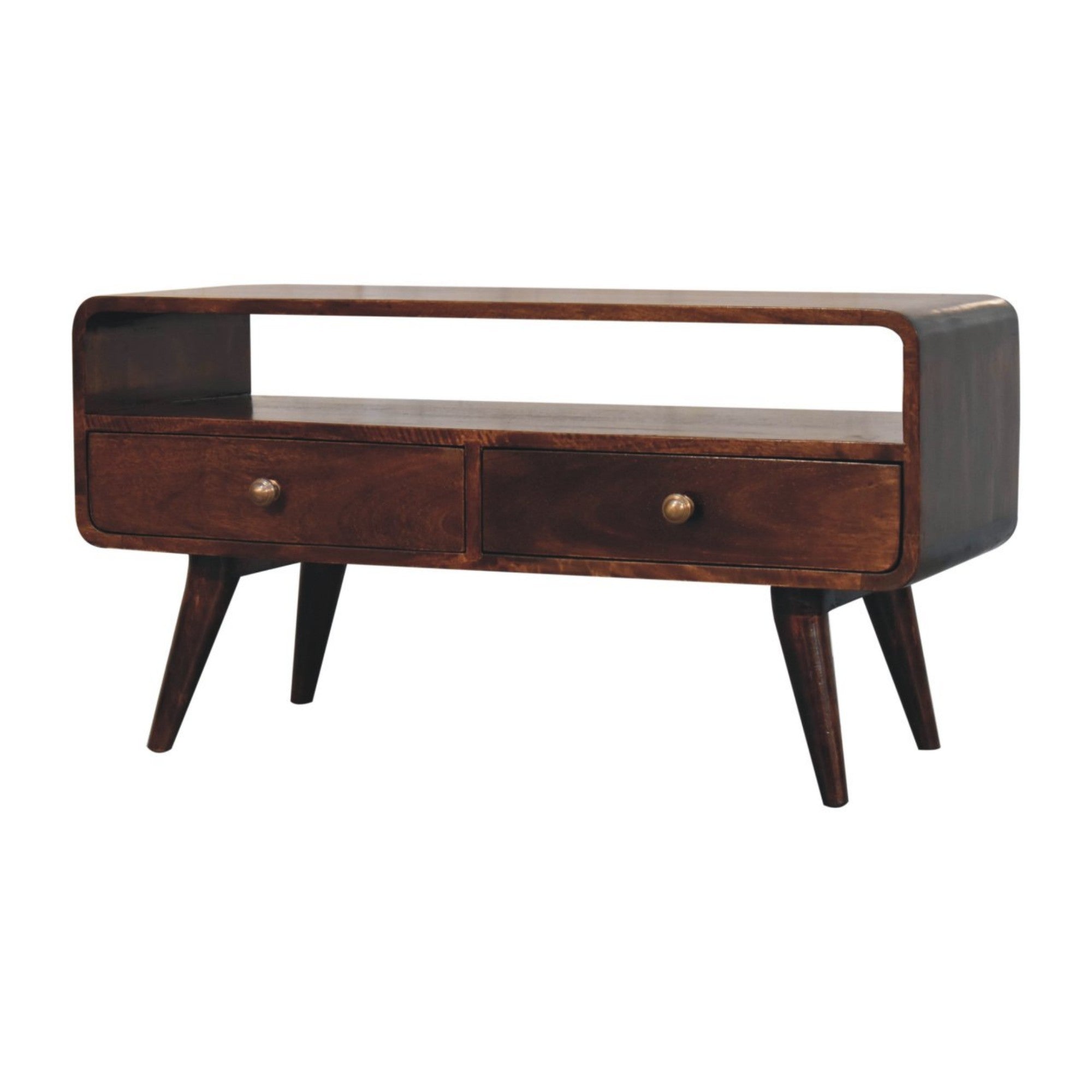 Solid Wood Curved Media Unit with 2 Drawers and 1 Open Slot, Dark Brown