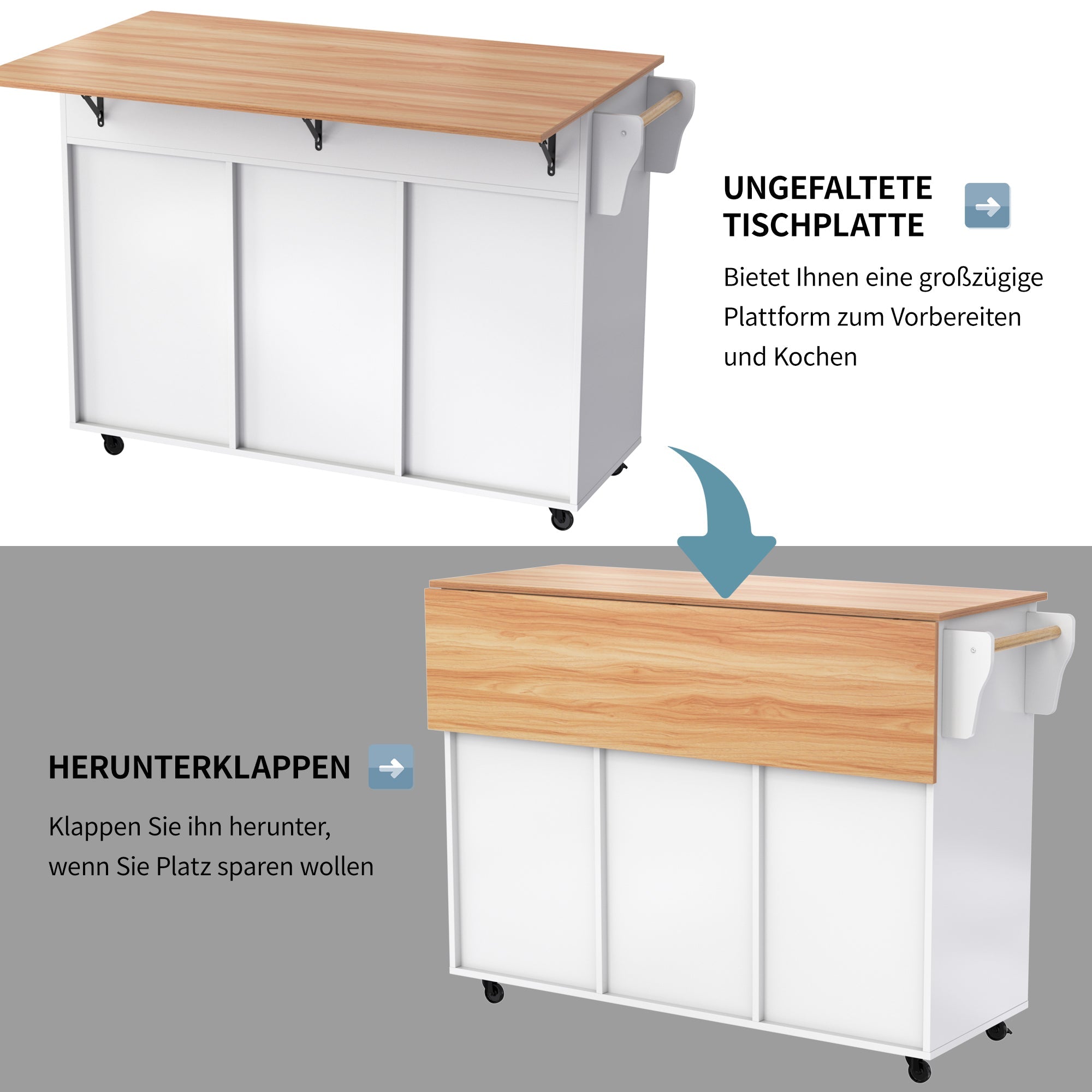 Dining Cart/Sideboard with Folding Worktop and Storage, White Cabinet/Solid Wood