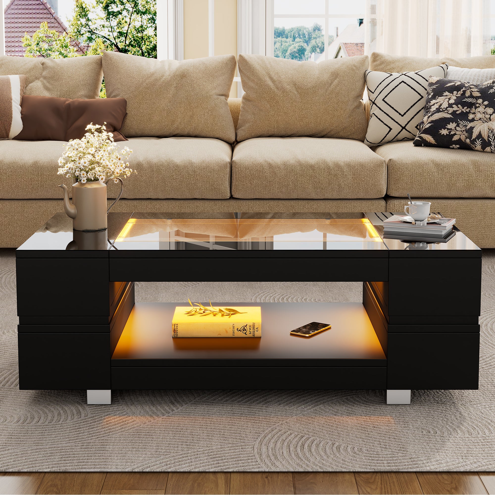 LED Coffee Table with Bluetooth App Control, Double-Layer High-Gloss, Black