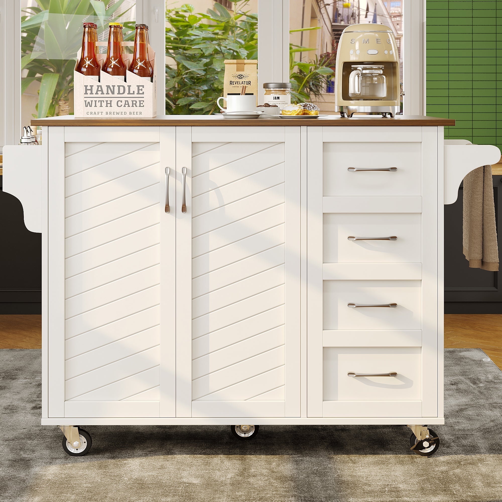Kitchen Cart with Towel Rail, Spice Rack, Adjustable Dividers, White Wood Grain