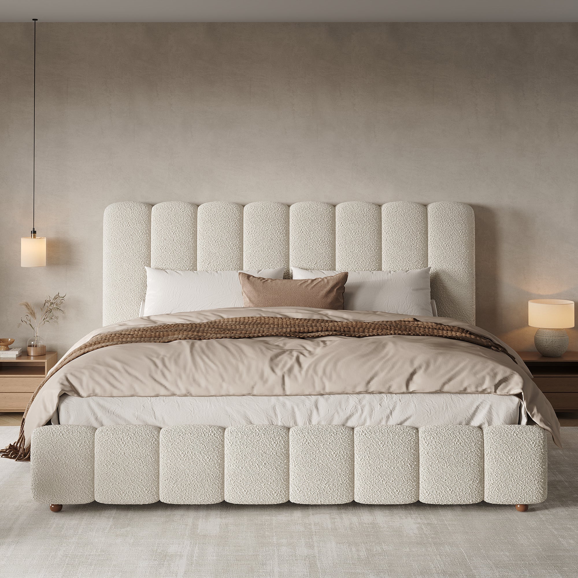 Upholstered Double Bed with Hydraulic Storage and Slatted Frame, 200x200cm, White Bouclé