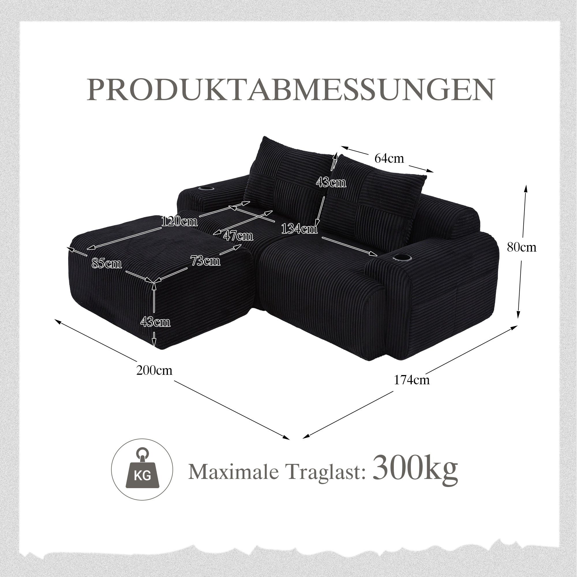 Modular 2-Seater Sofa with Ottomans, Cup Holders and Storage Pockets, Black Corduroy