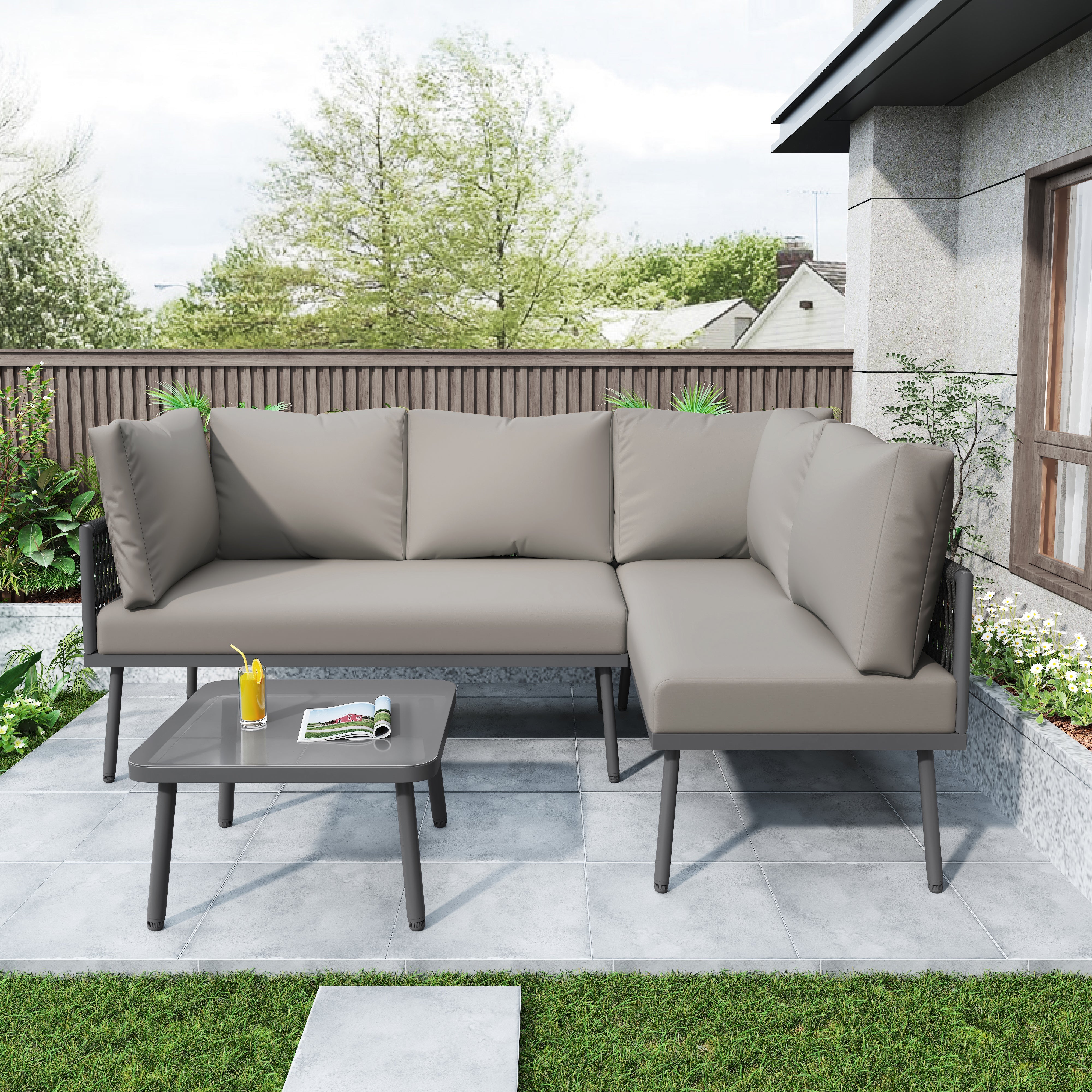 Garden Lounge Set L-Shaped 2 Sofas 1 Table Adjustable Feet Grey Rope/Iron