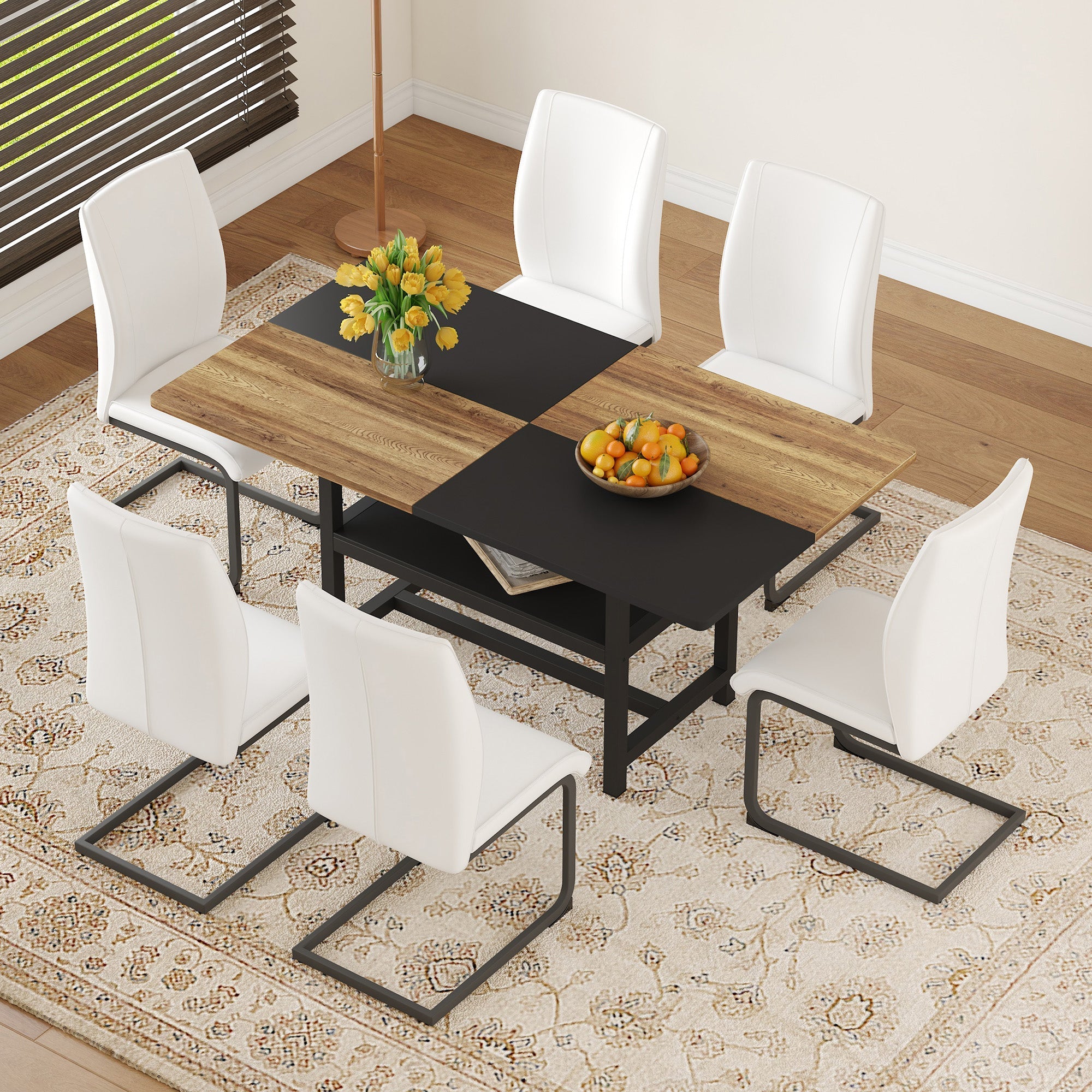 Dining Set - Rectangular Table Storage Shelf 6 Armchairs 160x90cm - White Faux Leather