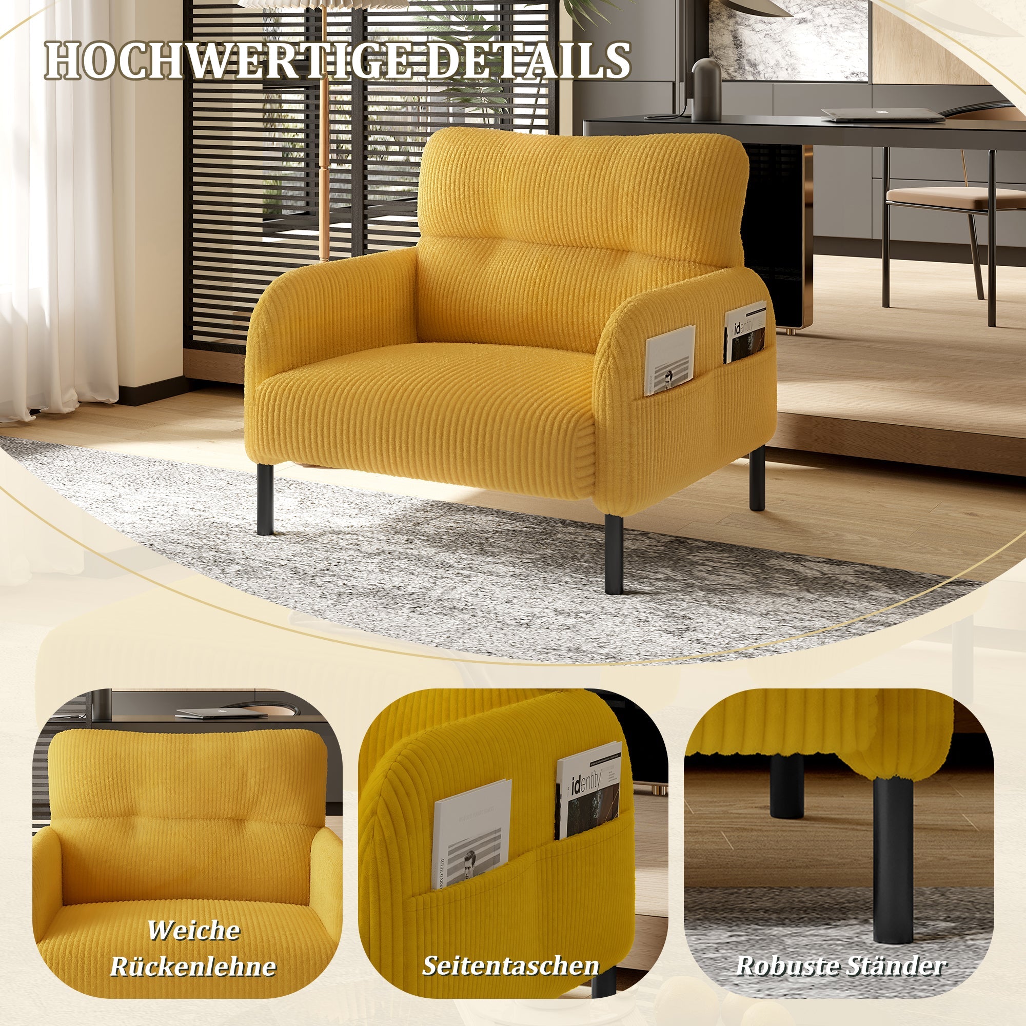 Sofa/Chair, Comfortable Seating with Side Pockets, Velvet Fabric
