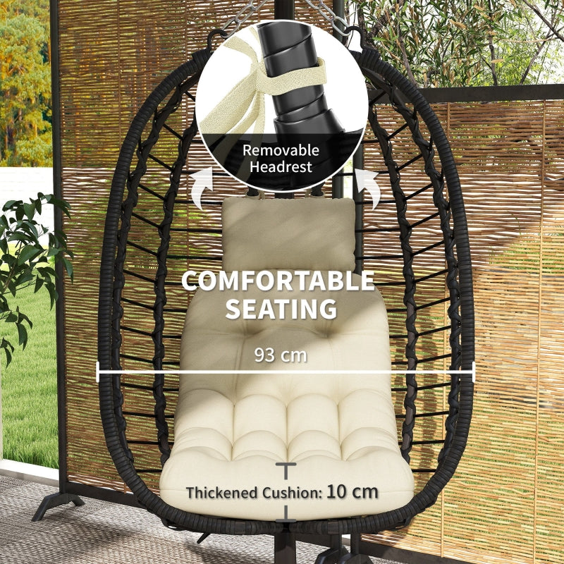 Rattan Hanging Egg Chair, Foldable Adjustable Height with Stand, Cream White