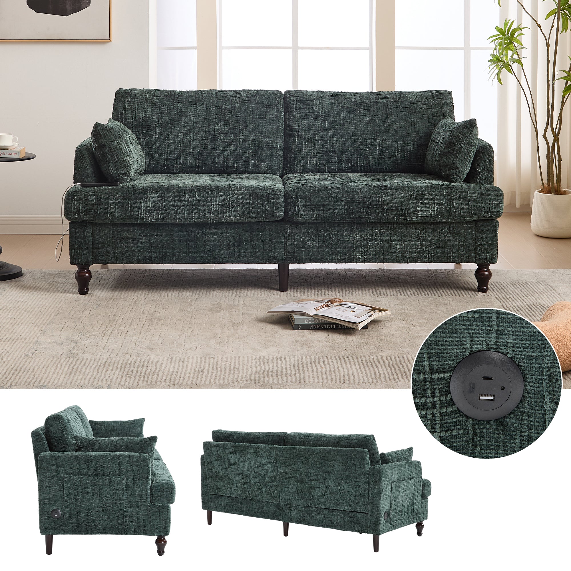 Sofa, Modern 2-Seater with LED Light, USB Port, Storage Bag, Chenille