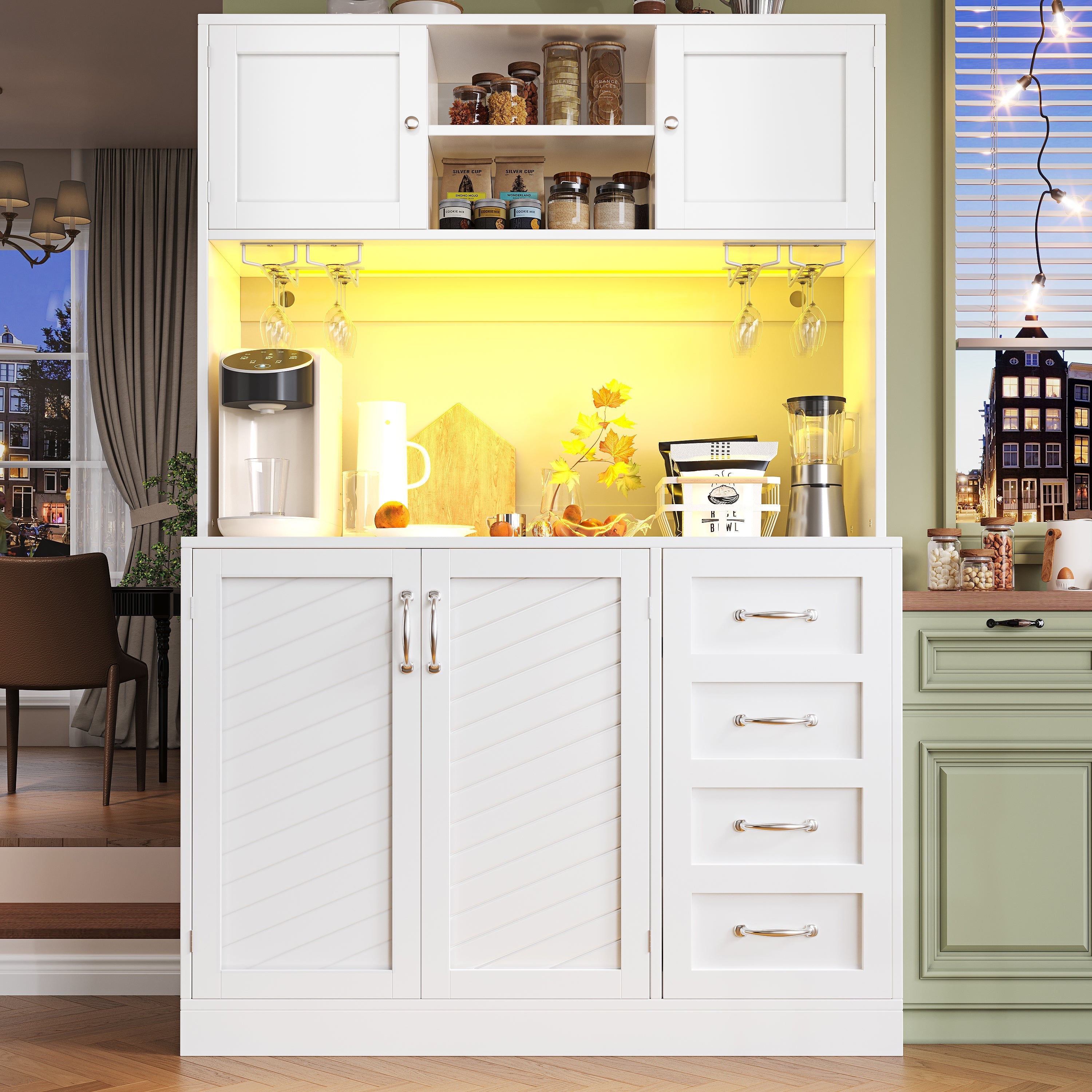 Buffet Sideboard with LED Lighting, Snack Shelf and Drink Holders, Green, Black and White