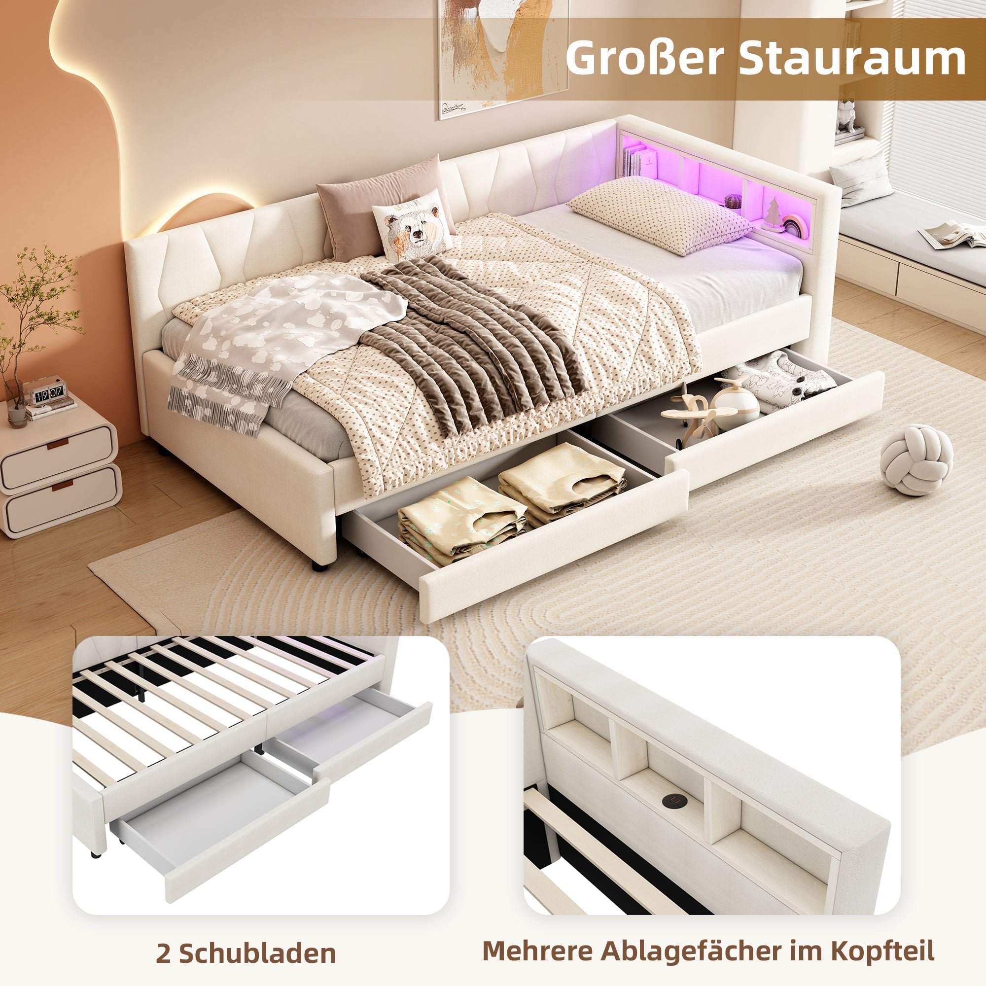 Daybed Sofa Bed 90x200cm Storage USB/Type-C LED Light 2 Drawers - Linen Beige