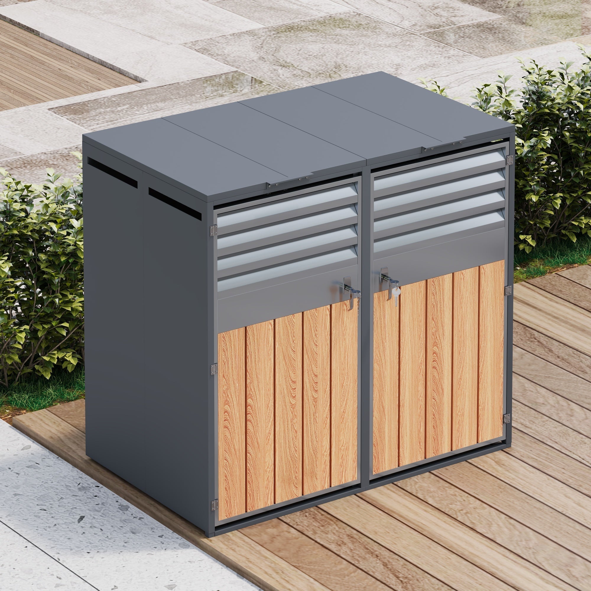Bin Storage Box with Hinged Lid, Louvered Ventilation and Two Doors, Lockable Plastic